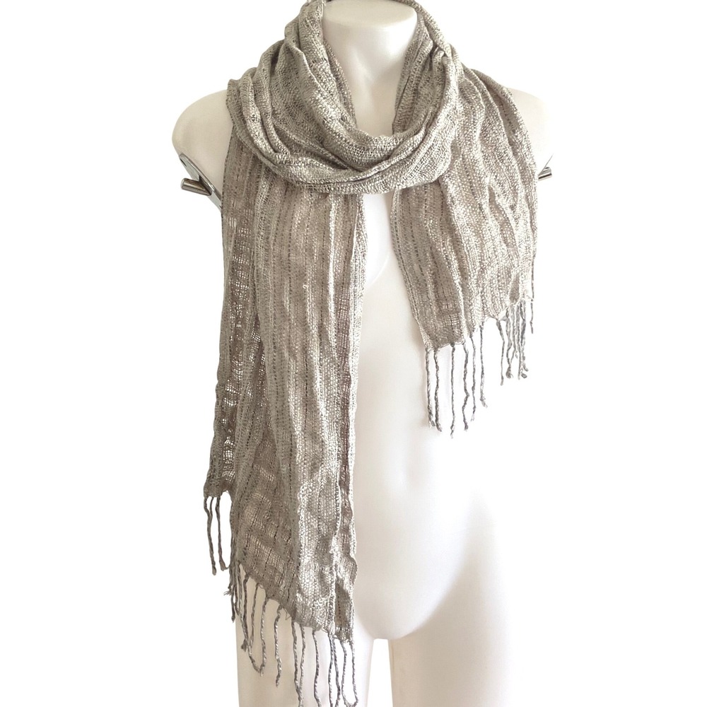 Abercrombie & Fitch Woven Scarf Neutral Grey Taupe Rayon Fringe Wrap One Size